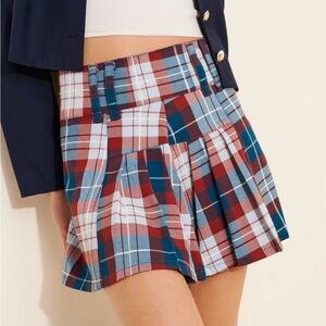 Free People Midtown Calvary Mini Skirt Plaid Pleated in Red White and Blue Sz 8